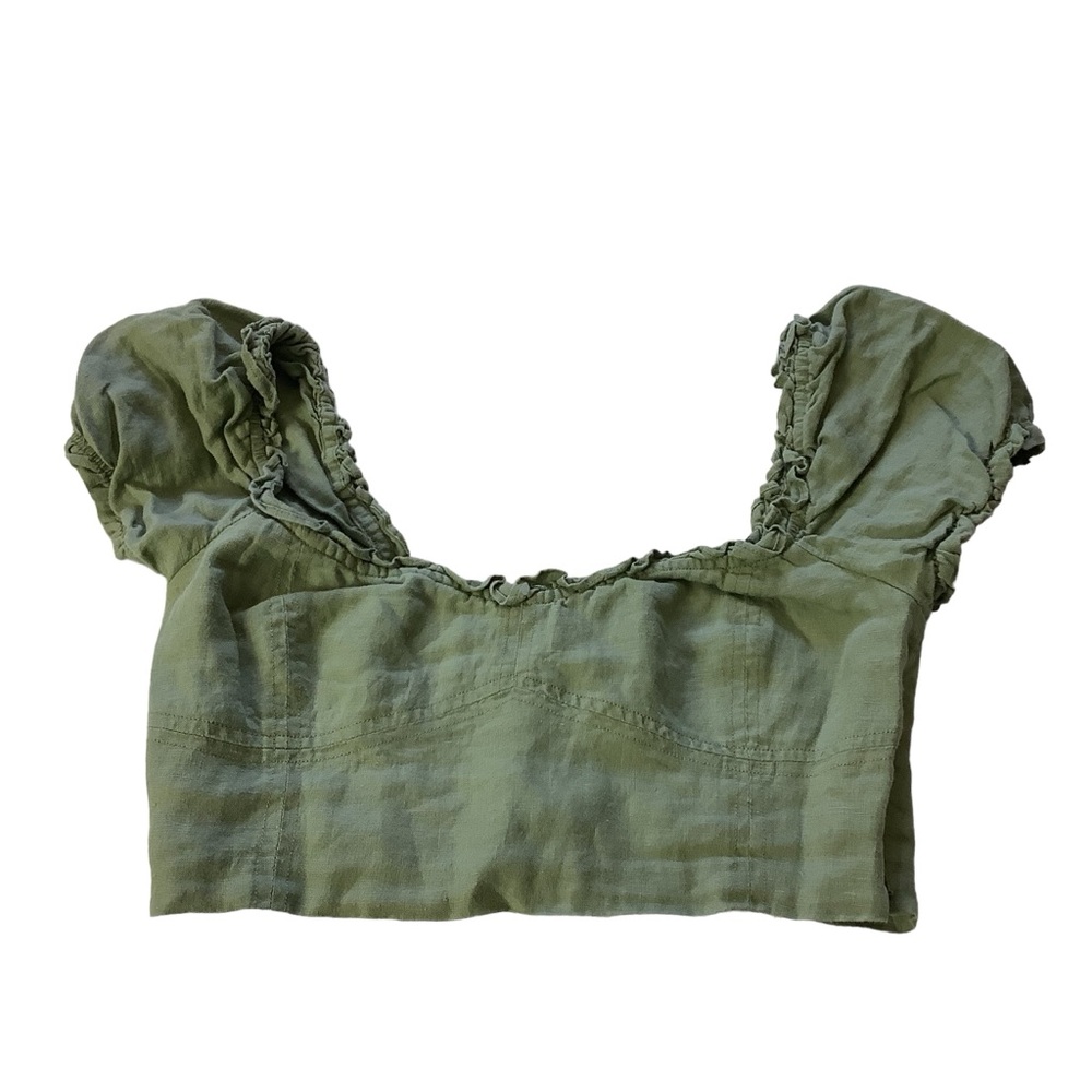 Medium Green Wilfred Wander Linen Bustier Sweetheart Puff Sleeve Cropped Blouse